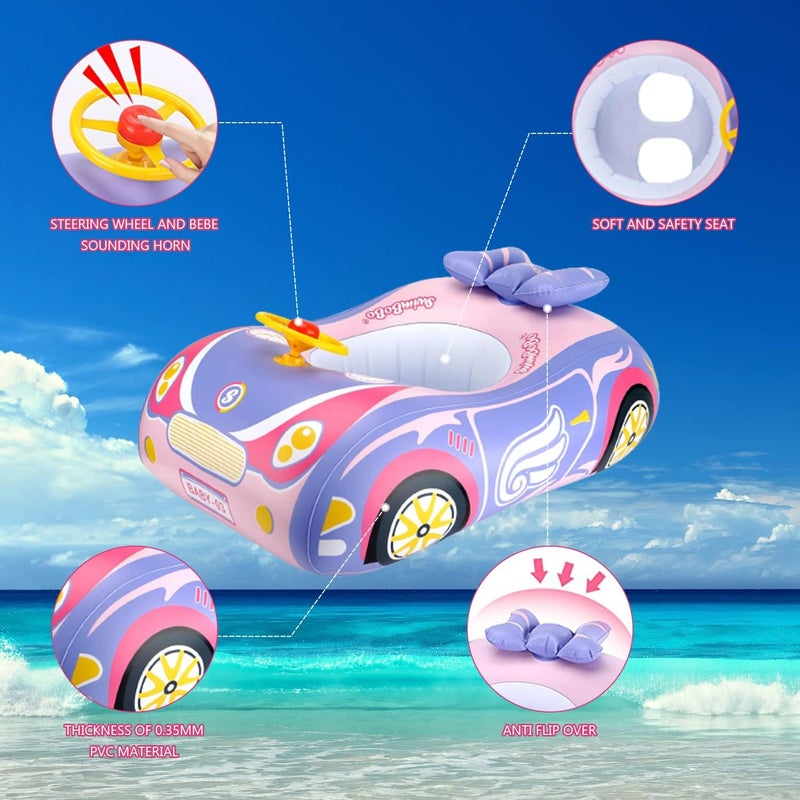 BOffer Baby Pool Float with 3D Car Design, PVC Baby Swim Float, Toddler Pool Float, Swimming Floats Seat Boat Pool Toys with Steering Wheel for 12-18, 12-24 Months, Age 2-3, 3+ Years Girl Boy - Image 3